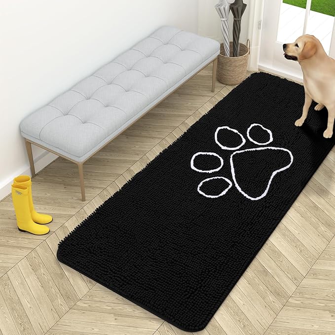 OLANLY Dog Door Mat for Muddy Paws 59x24, Paw Print Design, Absorbs Moisture and Dirt, Absorbent Non-Slip Washable Doormat, Quick Dry Chenille Mud Mat for Dogs, Entry Indoor Entryway Carpet, Black by OLANLY