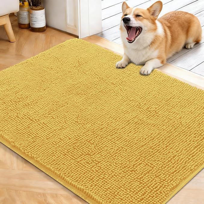 OLANLY Dog Door Mat for Muddy Paws 40x32, Absorbs Moisture and Dirt, Absorbent Non-Slip Washable Doormat, Quick Dry Chenille Mud Mat for Dogs, Entry Indoor Entryway Carpet for Inside Floor, Yellow by OLANLY
