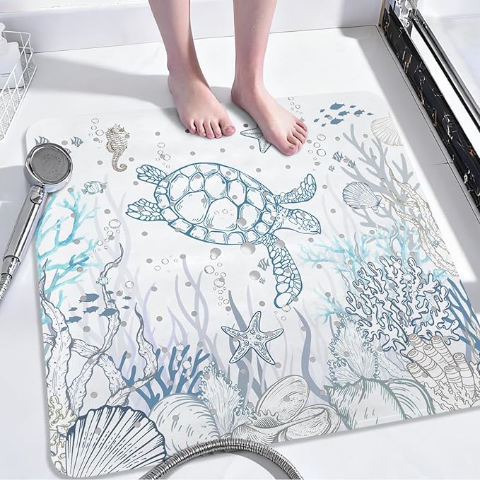 Sea Turtle Square Anti Slip Shower Mats for Inside Shower Accessories, Cute Bath Mats for Bathroom Non Slip Shower Floor Mat Decor Rubber Bathmat With Suction and Drain Holes Machine Washable, 21″X21″ by Unknown