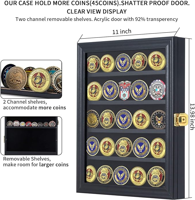 Jinchuan Military Challenge Coin Display Case Lockable Cabinet Rack Holder Shadow Box with Removable 2 Grooves Shelves and Anti Dust Door for Casino Poker Chips Collectibles, Small - Black - Image 3