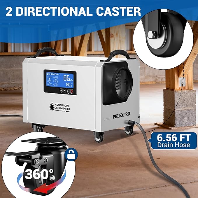 145 Pint Commercial Dehumidifier with Drain Hose for Crawl Spaces, Basements, Industry Water Damage Unit Restoration for up to 6000 Sq.Ft, Auto Defrost, Memory Starting, white(Gift Directional Wheels) - Image 4