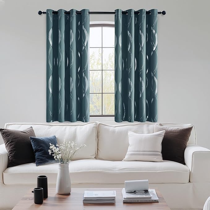 NICETOWN 100% Blackout Curtains Panels for Living Room, Greyish Blue, 52" Wide x 63" Long, 2 Panels, Sound Reducing Thermal Insulated Wave Line Foil Print Design Curtains for Patio Sliding Glass Door - Image 3