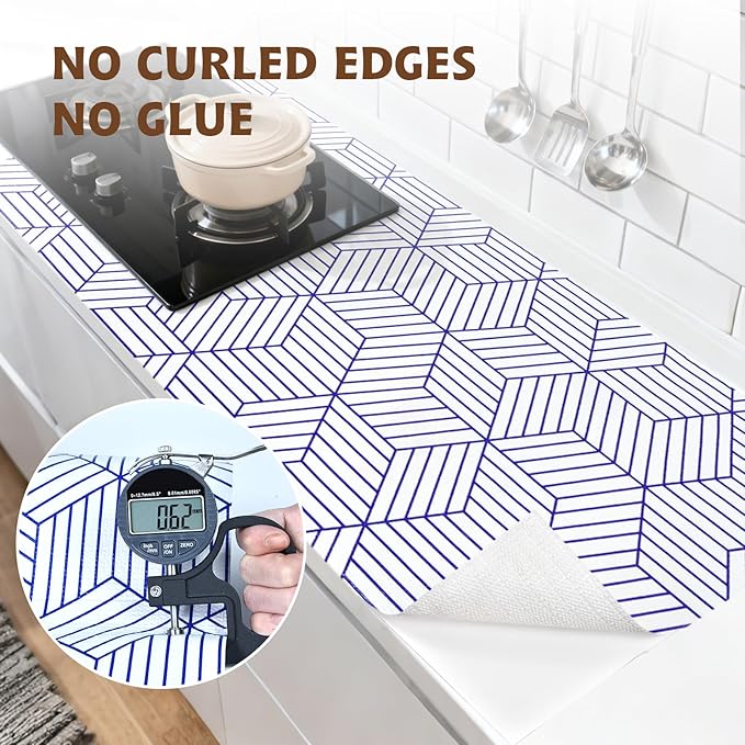 Shelf Liners for Kitchen Cabinets 12in x 20FT, Non Adhesive Cabinet Liner Strong Non-Slip White and Blue Geometric Drawer Liner, Easy to Clean for Shelf, Cabinet with Knife and Tape Measure - Image 8