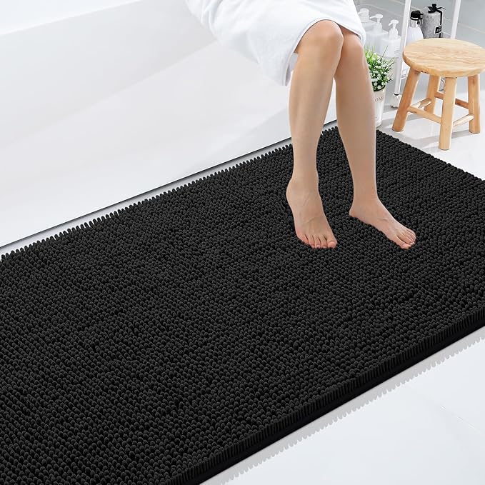 Smiry Luxury Chenille Bathroom Rugs 59x35, Extra Soft and Absorbent Shaggy Bath Mat, Machine Washable, Non-Slip Plush Carpet Runner for Tub, Shower, and Floor, Home Decor Accessories, Black by Smiry