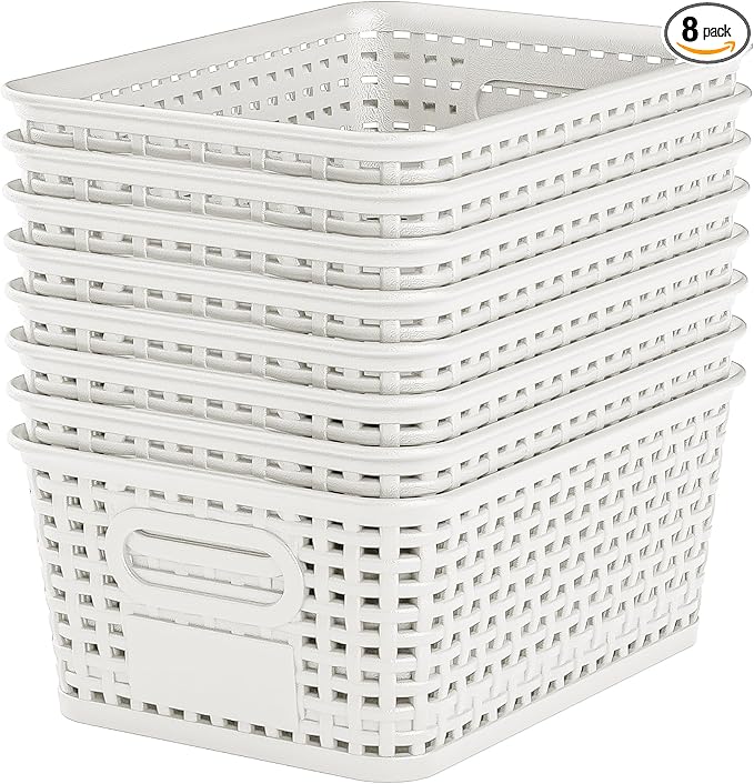 White Plastic Storage Baskets - Pack of 8 with Labels Stackable Durable Storage Bins, Storage Containers for Organizing Desktops, Closets, Playrooms, Classrooms, Offices by WRRLORS