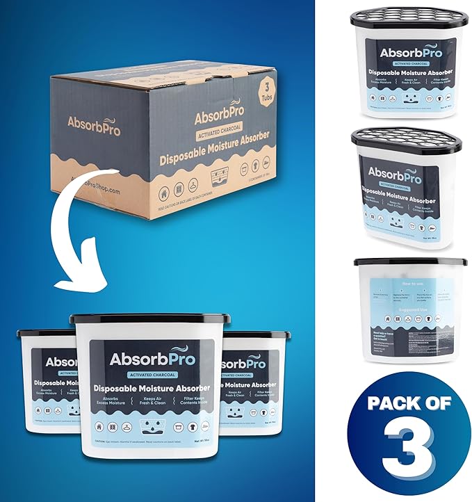Moisture Absorber Tub with Activated Charcoal - 3-Pack - 18 oz Disposable Odor Eliminator Box & Dehumidifier for Garage, Home, Kitchen, Bedroom, Bathroom, Closet, Cars, and Boats - Image 7