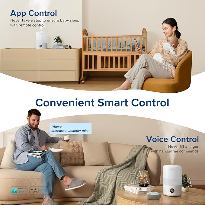 LEVOIT Smart Cool Mist Top Fill Humidifiers for Bedroom with Sensor, Auto Humidity Setting, APP & Voice Control, Essential Oil Diffuser, Ultra Quiet Operation, Super Easy Top Fill, 3L, White - Image 3