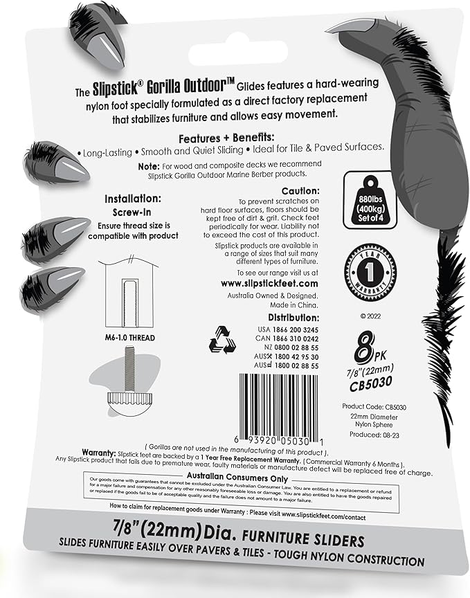 Slipstick Gorilla Outdoor Adjustable Furniture Levelers (8 Pack) Weatherproof Screw in Leg Glides for Chairs, Tables, and Outdoor Furniture Feet, 7/8 Inch Nylon Spherical Glide, M6 Thread - Image 8