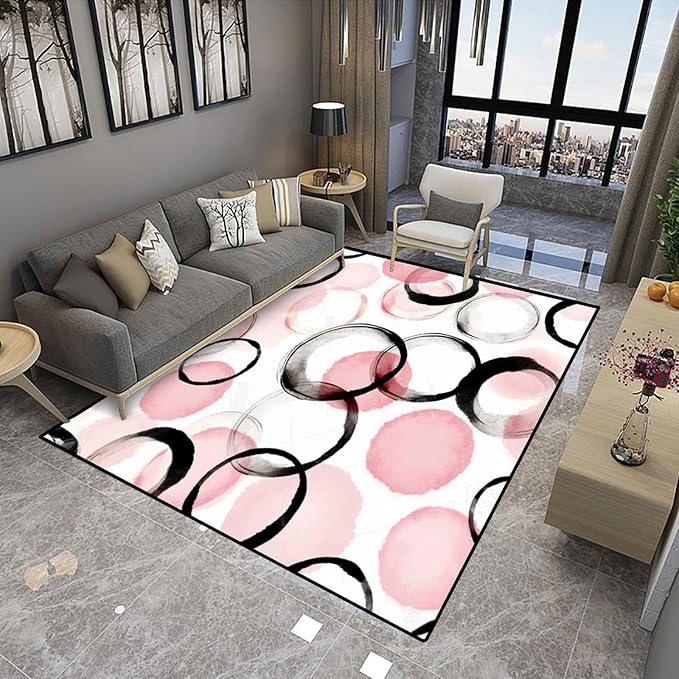 Watercolor Pink Circle Printed Patterns Floor Covering - Foldable Area Rug, Fade, Flame, Quick Dry, Stain Resistant, Waterproof Carpet for Living Room Bedroom, 48 x 72 Inch - Image 4