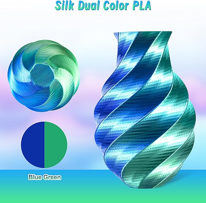 ERYONE Silk Dual Color PLA Filament 3D Printer 1.75mm +/- 0.03mm, Bicolor Filament Two Tone PLA Bundle 2KG Cardboard Spool, Blue Green - Image 2