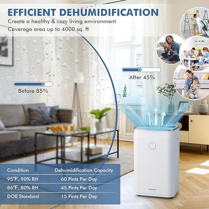 COSTWAY 4000 Sq. Ft Dehumidifier for Basement, 60 Pints Dehumidifier with Drain Hose, 3 Modes, 3-Color Digital Display, 24H Timer, 1.7 Gallon Water Tank, Auto Defrost, Ideal for Home, Large Room - Image 2