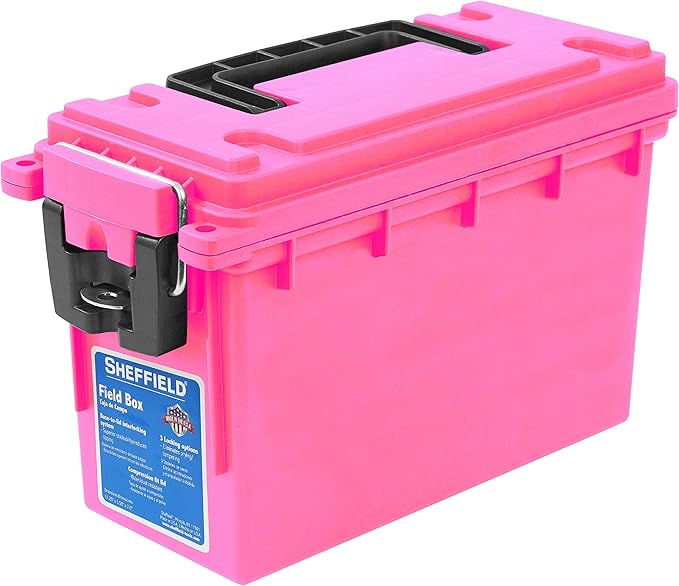 Sheffield 12631 Ammo Storage Box, Stackable .30 Cal Field Boxes, Water and Dust Resistant, Lockable Storage Box with Handle, Secures Hunting Gear, Supplies, and Bullets, Made in USA, Pink, 1-Pack by Sheffield
