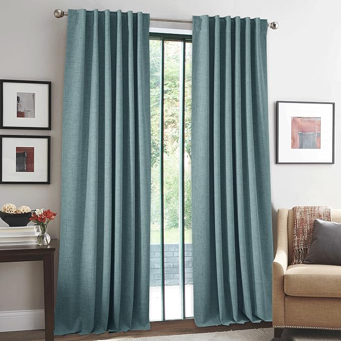 RYB HOME 100% Blackout Linen Textured Curtains 90 inches Long, Thermal Insulating Privacy Energy Saving for Bedroom Living Room Window Office Theater Baby Nursery, W 52 x L 90 in, Misty Blue, 2 Pcs - Image 2
