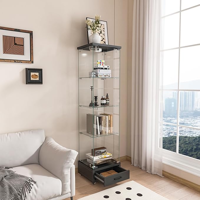 Yoluckea 4-Tier Glass Display Cabinet with LED Lighting and Drawer, 1-Door Floor Standing Curio Cabinet with Wheel for Home, Office, Corner Display, Black Glass Bookshelf for Collections and Decor - Image 3