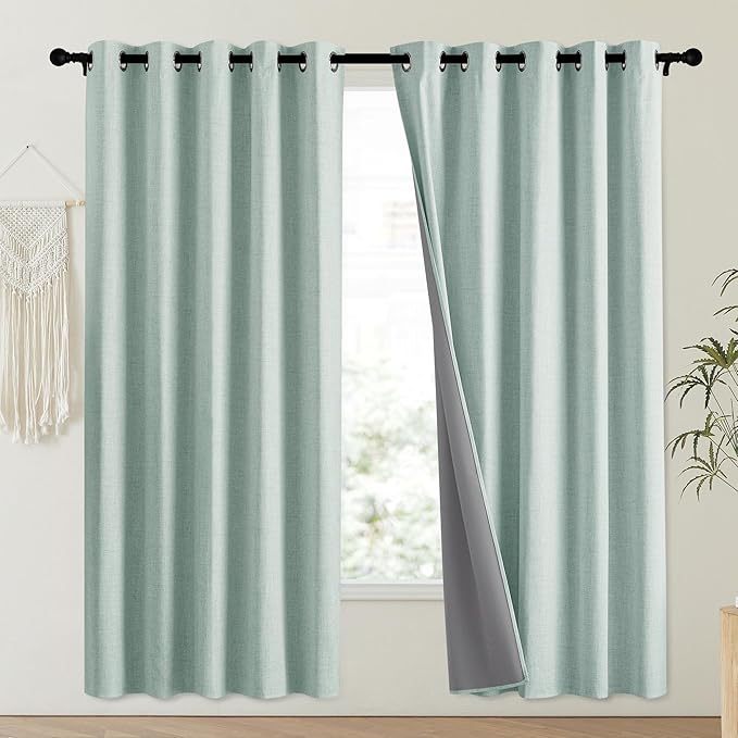 NICETOWN 100% Absolutely Blackout Linen Curtains with Thermal Insulated Liner, Seafoam Green, 62" Wide, 72" Length Energy Saving Curtains for Playroom 2 Panels Set, Vertical Blinds - Image 2