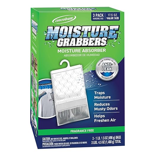 Concrobium Moisture Grabbers, 3-Pack 17.5 oz Bags (Fragrance-Free) — Powerful Moisture Absorber with Anti-Leak Gel, Covers Up to 350 cu ft, Eliminates Musty Odors for Fresher Air by Rust-Oleum