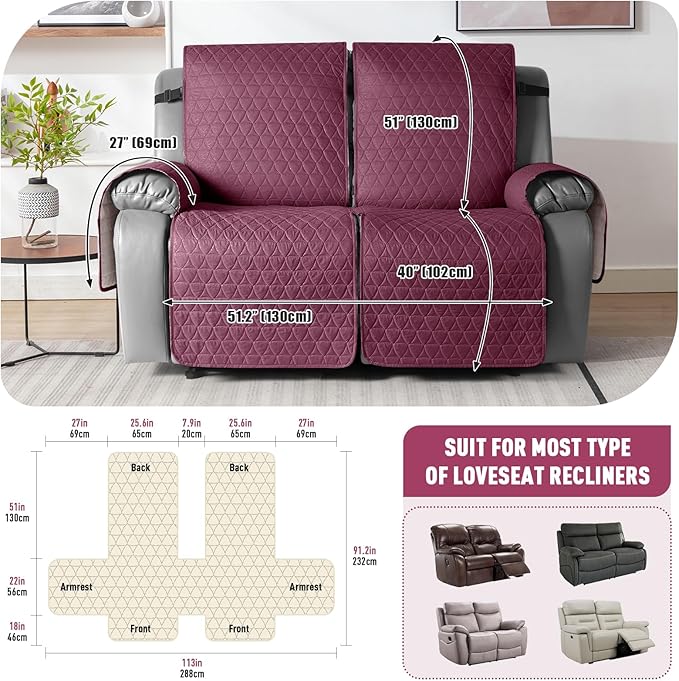 TAOCOCO 100% Waterproof Recliner Cover, Non-Slip Washable Reclining Couch Cover with Elastic Leg Straps, Furniture Protector for Dogs (Wine, 2 Seater) - Image 3