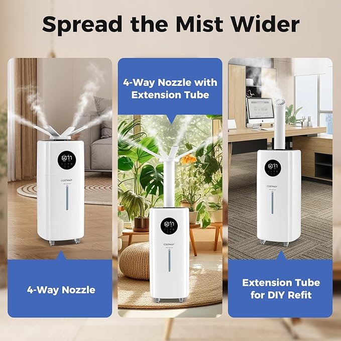 COSTWAY 21L/5Gal Humidifier for Large Room, Top Fill Whole House Humidifier, 3 Mist Levels, Extension Tube, 360° Nozzles & Remote Control for Bedroom, Plants - Image 5