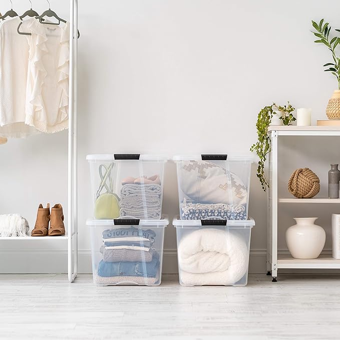 IRIS USA 72 Qt Stackable Plastic Storage Bins with Lids, 6 Pack - BPA-Free, Made in USA - See-Through Organizing Solution, Latches, Durable Nestable Containers, Secure Pull Handle - Clear - Image 7
