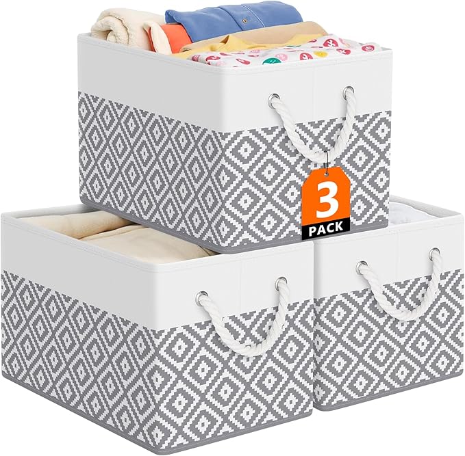 Storage Bins, 3-Pack Large Storage Box with Rope Handles, Collapsible Storage Basket for Organizing Books, Clothes, Rhombic Grey by StorageTastic