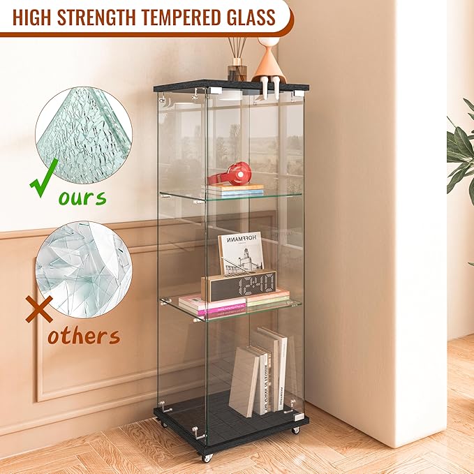 Yoluckea 3-Shelf Glass Display Cabinet with LED Lights, 1-Door Floor Standing Curio Cabinet with Universal Wheel for Home or Office, Black Glass Bookshelf for Collections, Decor, and Corner Display - Image 6