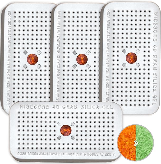 40 Gram Pack of 4 Silica Gel Canister, Gun Safe Dehumidifiers (Orange to Green), Reusable Desiccant Moisture Absorber for Car, Closet by Wisesorb