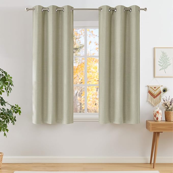 NICETOWN Short Faux Linen Beige Blackout Curtains 63 inches Long for Kitchen - Privacy Panels for Living Room Bedroom, Modern Farmhouse Style Easy Care Grommet Top, 2 Panels, W42 by L63 by NICETOWN