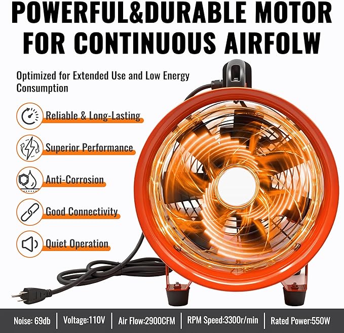 dreamdragon Upgraded 12-Inch Utility Blower Fan, Portable Industrial Exhaust Fan with 25ft Flexible Duct Hose, 3300 RPM Low-Noise Ventilator for Workshops Warehouses and Basements - Image 3