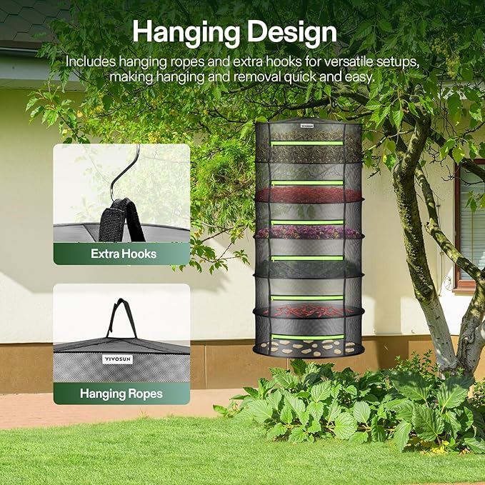 VIVOSUN 6-Layer Mesh Drying Rack Hanging Design with Green Zippers for Dehydrating, Indoor and Outdoor Pruning Shears Included - Image 3