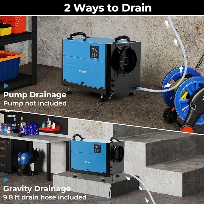 COSTWAY 124 PPD Commercial Dehumidifier, 1300 Sq.Ft Crawl Space Dehumidifier with 9.8 FT Drain Hose & Wired Remote Control Panel, Ideal for Basement, Warehouse, Job Site (Blue) - Image 5