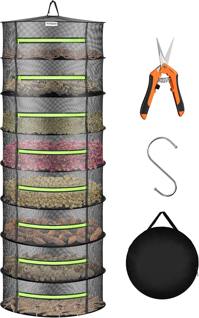 VIVOSUN 8-Layer Mesh Drying Rack Hanging Design with Green Zippers for Dehydrating, Indoor and Outdoor Pruning Shears Included by VIVOSUN
