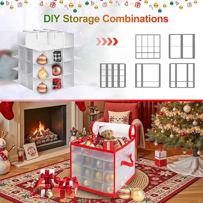 Christmas Ornament Storage Box, 64 Christmas Decoration Storage Box with Two Handles, Holiday Xmas Ornaments Box with Lid, Double-Sided Trays with Durable Zippers for Season - Image 7