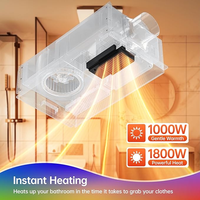 Bathroom Exhaust Fan with Heater, Light, Bluetooth Speaker, Odor & Humidity Sensors, 230 CFM Quiet Ceiling Fan with 3 Dynamic RGB Lighting, 3CCT - Remote App Control - Compatible with Alexa - Image 6