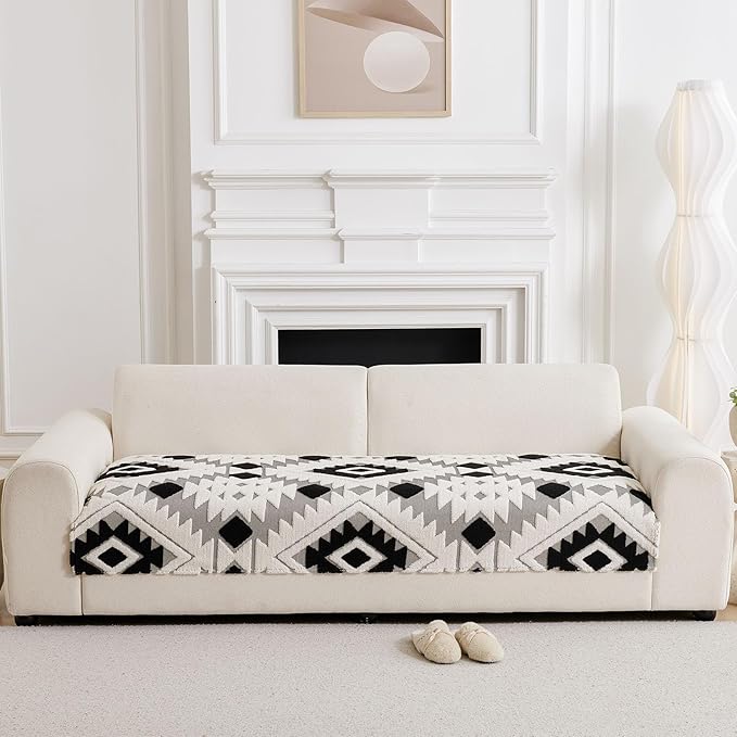 Boho Plush Couch Covers for Sofa Washable, Fuzzy Soft Couch Cover for Sectional Sofa, Non Slip Jacquard Sofa Cover Furniture Protector for Kids, Pets (Black,43"x70") - Image 3