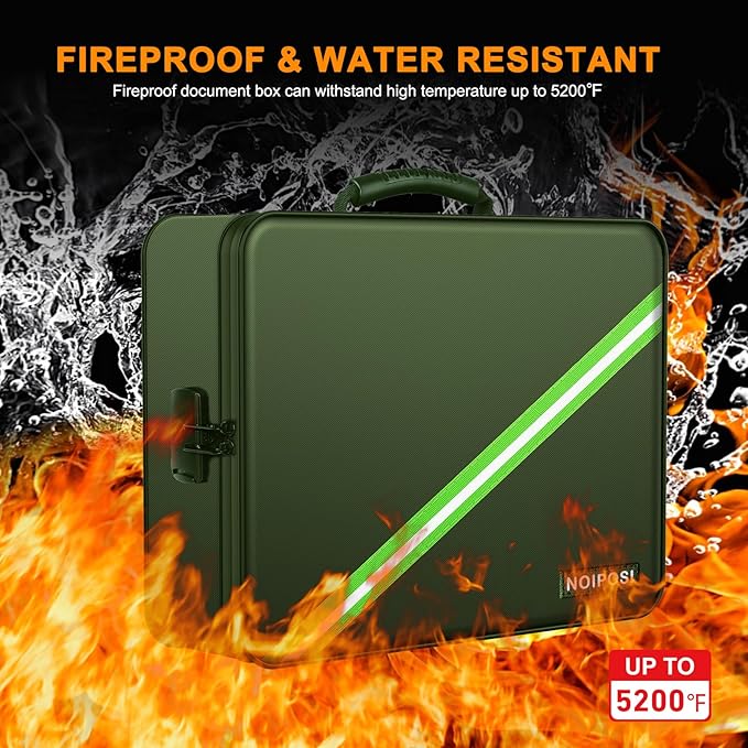 Noiposi Document Organizer with 5200℉ Heat Insulated,Waterproof and Fireproof Document Box,Portable Home Travel Safe Storage Box for Important Documents,File and Birth Certificate，Green - Image 2