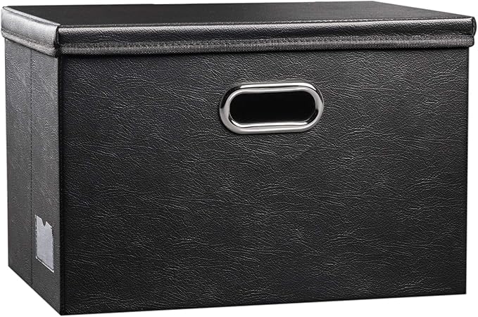 PRANDOM Large Collapsible Storage Bin with Lid [1-Pack] Leather Fabric Foldable Storage Box Organizer Containes Basket Cube with Cover for Home Bedroom Closet Office Nursery Black (17.7x11.8x11.8) by Prandom