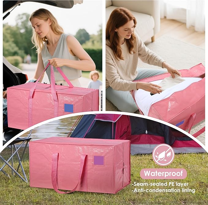 6 Pack Extra Heavy Duty Large Moving Bags with Reinforced Zipper & Wide Handles, Waterproof Storage Bins for Clothes, College Dorm, Travel, and Home Organization, Pink - Image 8