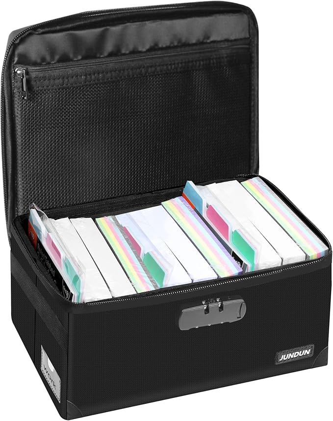 JUNDUN Index Card Holder with Lock,Collapsible Fireproof Index Card Box fits 1200 5x8-Inch Flash Cards - Business, Recipe, or Note Card Storage Boxes - Black by JUNDUN