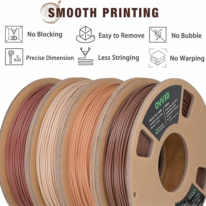 OVV3D Wood 3D Printer Filament Bundle, Wood PLA Filament 1.75mm Bundle, Add More Than 30% Real WoodFiber, Walnut, Oak, Cherry, Teak, 1.75 PLA Filament 3D Printing Filament, 200g X 4 Pack - Image 5