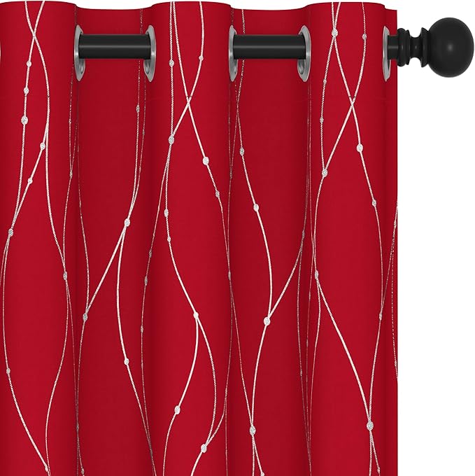 Deconovo Short Blackout Curtains, Christmas Red Curtain, Thermal Insulated Soundproof Drapes, Wave Line Dots Foil Print, 38 x 54 Inch, 2 Panels, Machine‑Washable Window Drape for Kitchen Small Window - Image 2