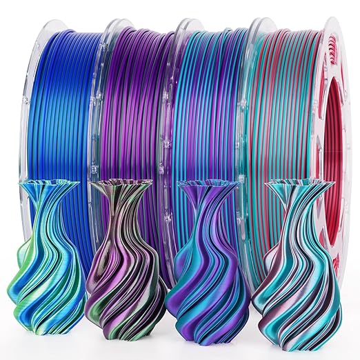 AMOLEN Silk PLA 3D Printer Filament Bundle, Shiny Dual Color PLA Filament 1.75mm Pack, PLA 3D Printing Filament, Blue Green Coral Dark Violet Purple 200g X 4 Spools by AMOLEN