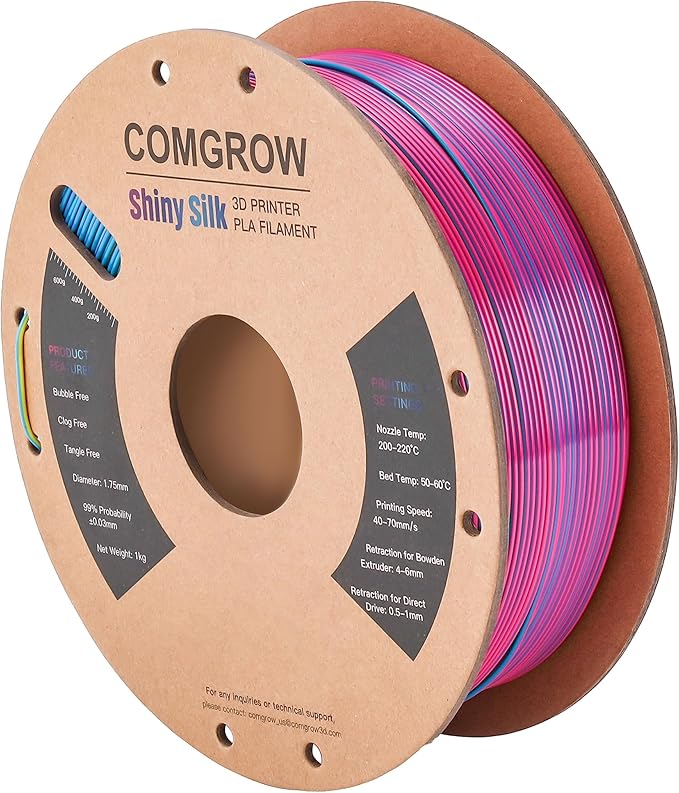 Comgrow Tri-Colors Silk PLA 3D Printer Filament, Rainbow PLA Filament 1.75mm, Dimensional Accuracy +/- 0.02 mm, 1KG Spool, Coextrusion 3D Filament with Shiny Silk Red-Blue-Yellow - Image 2