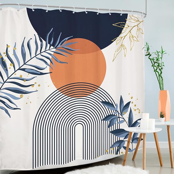 Navy Blue Boho Shower Curtain 72Wx72H Modern Abstract Bohemian Blue Gold Leaves Orange Minimalist Mid Century Plant Bathroom Decor Neutral Geometric Bath Curtain Fabric Polyester 12 Pack Hooks - Image 3