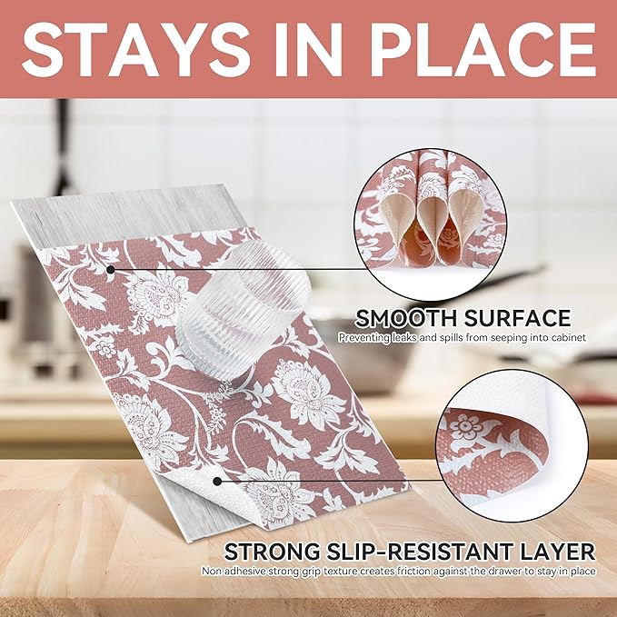 RAY STAR Shelf Liner, Non Adhesive Pink Floral Kitchen Cabinet Liner for Pantry Drawer Vanity, Strong Grip Non Slip, Shelf Liners for Kitchen Cabinets Cupboard 18 Inch x 8 FT (3 Rolls) - Image 3