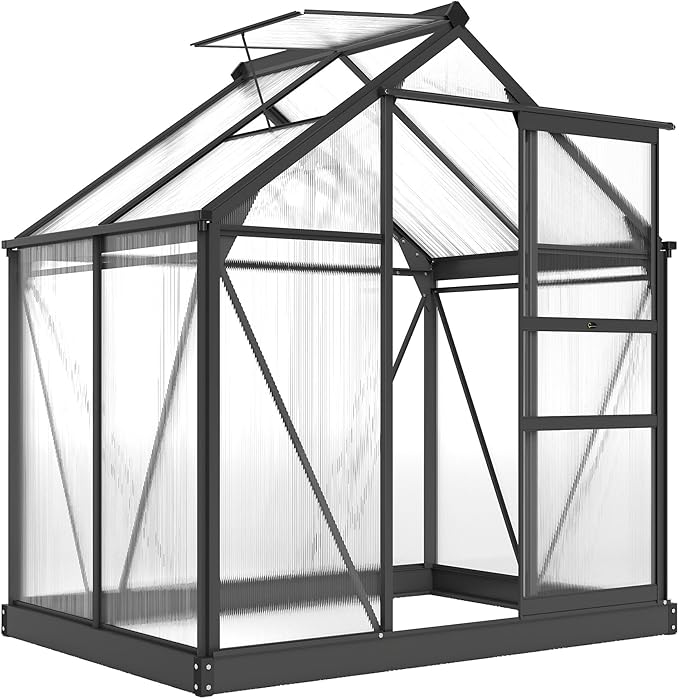 Outsunny 6' x 4' Greenhouse for Outdoors, Polycarbonate Greenhouse with Rain Gutter and Roof Vent, Aluminum Walk-in Green Houses for Outside for Patio Backyard Garden, Gray by Outsunny