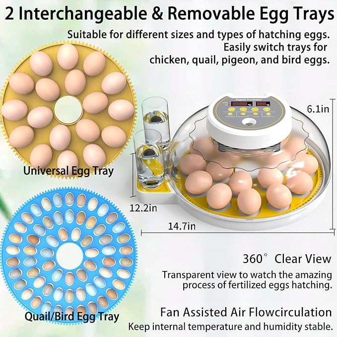 18/60 Incubator for Hatching Eggs, Egg Incubators with Humidity Display, Egg Candler, Automatic Egg Turner, Poultry Egg Incubator for Hatching Chicken Duck Goose Bird Quails- Yellow - Image 2