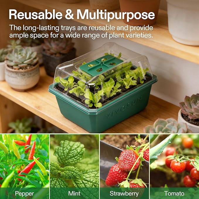 VIVOSUN 12-Pack Seed Starter Trays, 144-Cell Seed Starter Kit with Humidity Dome, Flat Reusable Plant Germination Trays with Drain Hole, Green Propagation Tray for Planting Seeds - Image 5