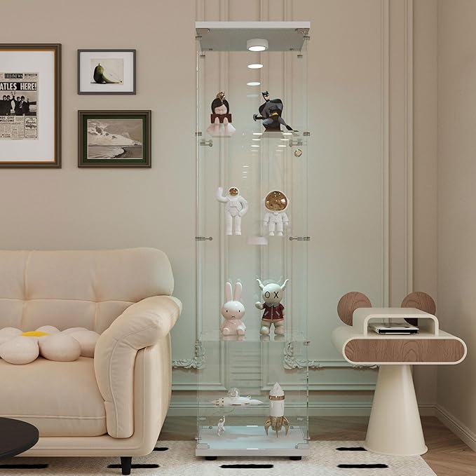Yoluckea 4-Tier Glass Display Cabinet with Paipai Light, 1-Door Floor Standing Curio Cabinet with Adjustable Floor Feet for Home Office Corner Display, White Glass Bookshelf for Collections and Decor by Yoluckea