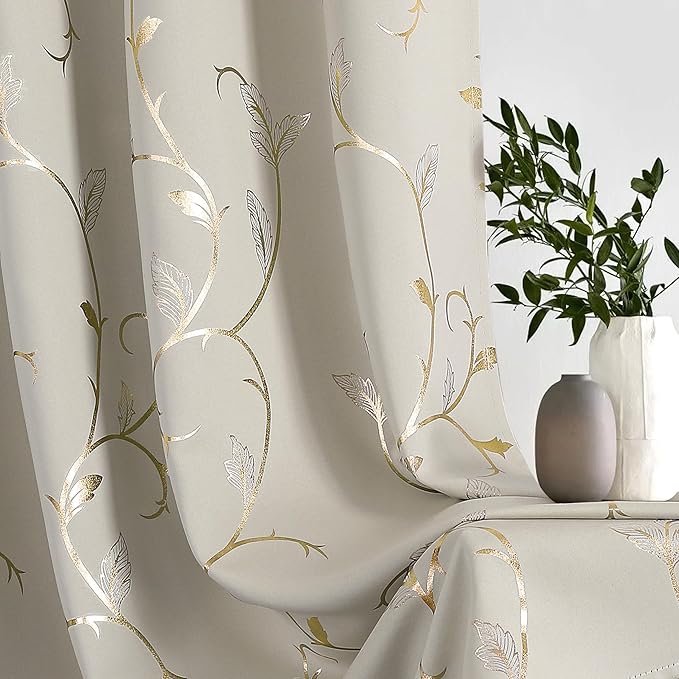 BUHUA Blackout Curtains Gold Foil Print Flower Vine Grommet Drapes, Room Darkening Thermal Insulated Curtains, Noise Reducing Curtain for Bedroom, Natural, 52Wx63L, 2 Panels - Image 4
