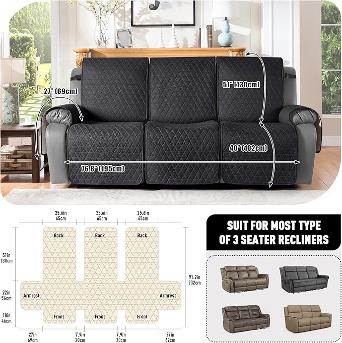 TAOCOCO 100% Waterproof Recliner Cover, Non-Slip Washable Reclining Couch Cover with Elastic Leg Straps, Furniture Protector for Dogs (Black, 3 Seater) - Image 4